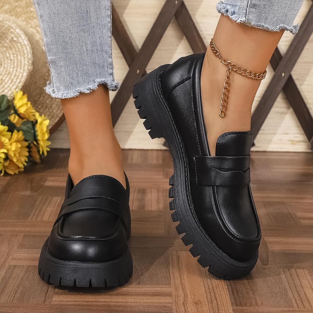 Fashion British Style Platform Loafers Women 2025 Plus Size Round Toe Single Shoes Woman Thick Bottom Pu Leather Shoes Mujer