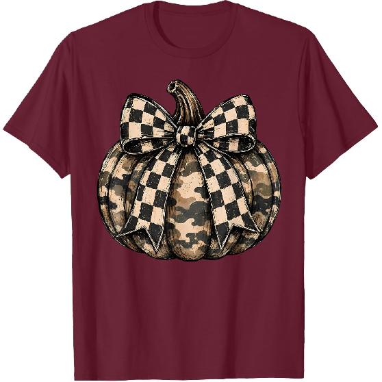Camo Pumpkin with Checkered Bow Cute Fall Halloween Season T-Shirt
