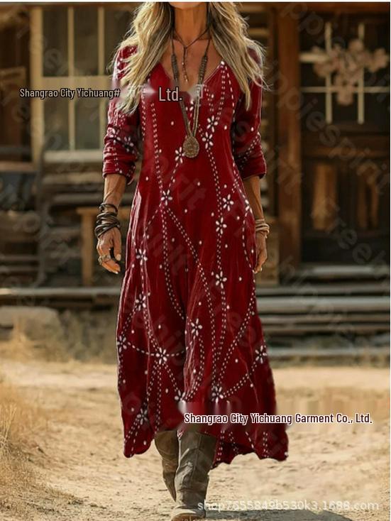 2026 Spring Retro V-neck Long-sleeved Plus Size Dress