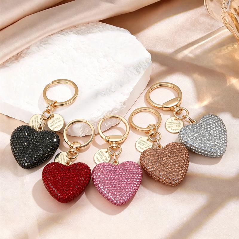 Bling Bling Pink Heart Crystal Rhinestone Soft Clay Keychain for Women, Cute Fashion Bag Charm & Key Ring Pendant for Purse Keys