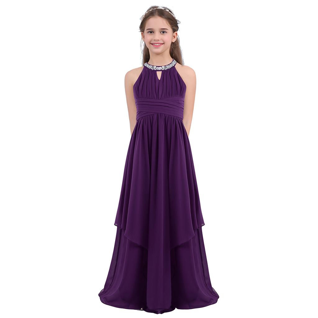 Kids Girls Sequined Neckline Chiffon Girls Flower Dress Junior Wedding Dance Party Graduation Gowns