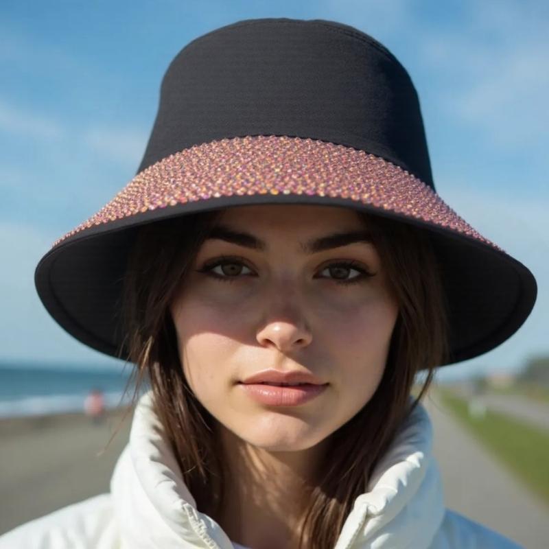 Fisherman Hat Bucket Hat for Girls Rhinestones Blingbling Hat for Sports Gym Mountain Camping Hat Outdoor Sunshade