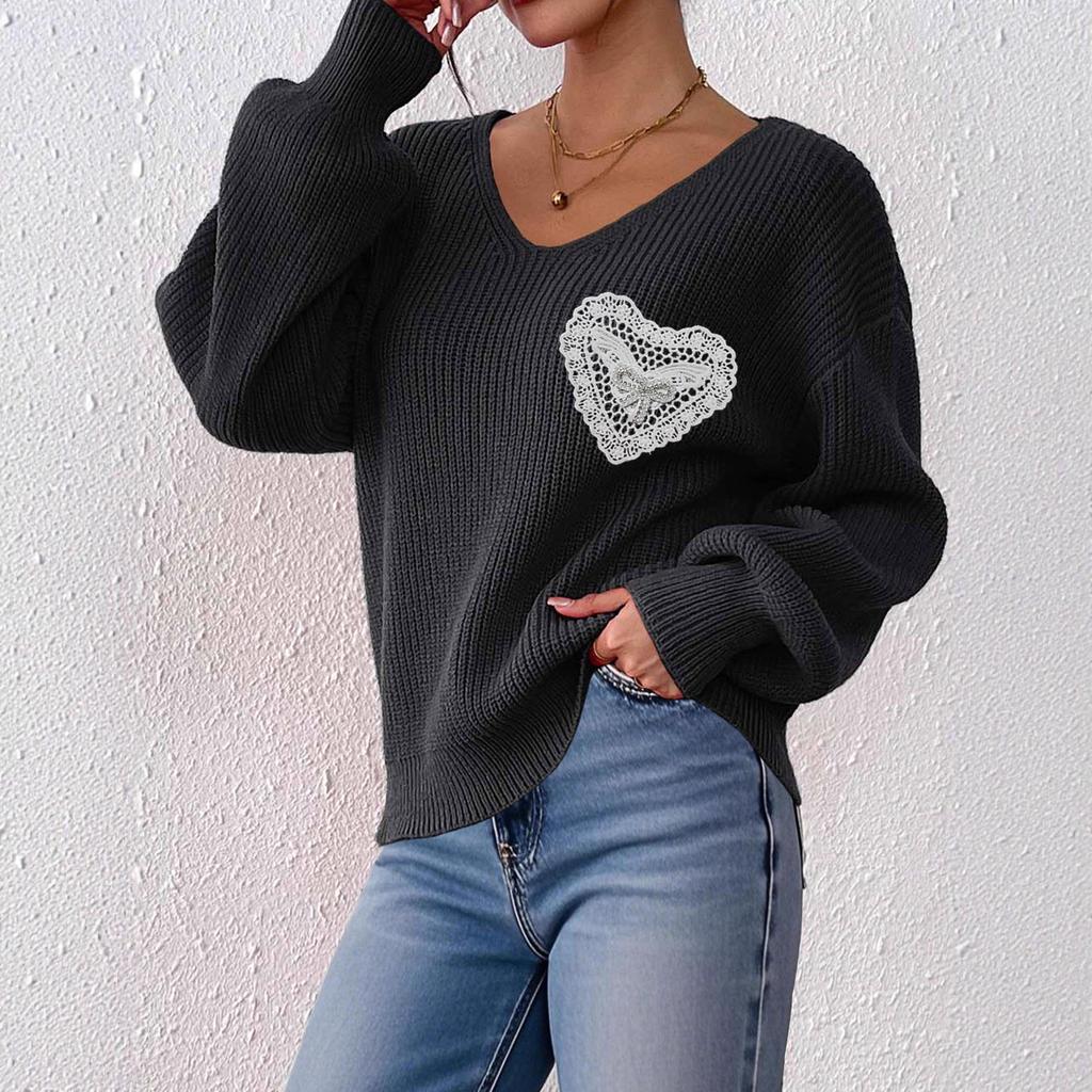 Autumn and Winter Women's Sweater, V-neck Knitted Sweater, Lace Bow Patchwork Pocket Pullover
