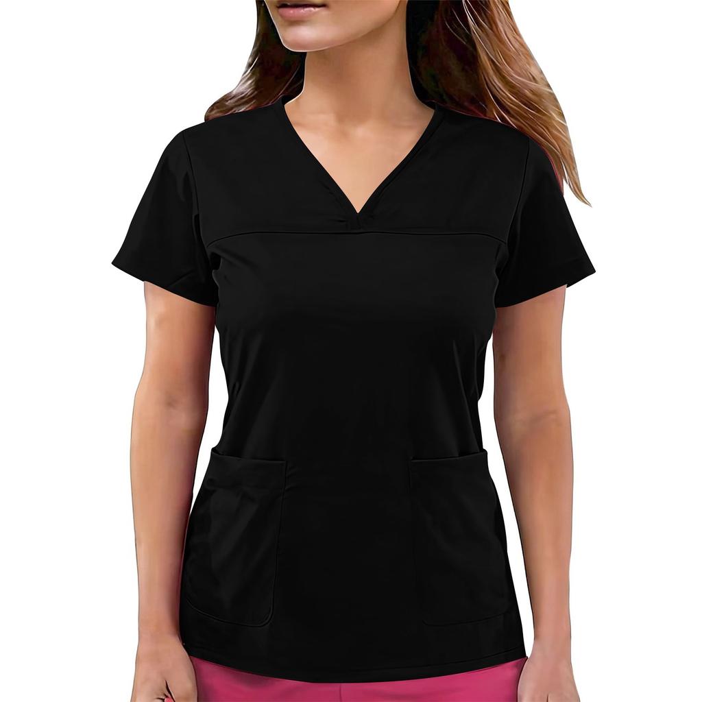 Top de uniforme de cuidador de manga corta con cuello en V de color para mujer con bolsillos de color