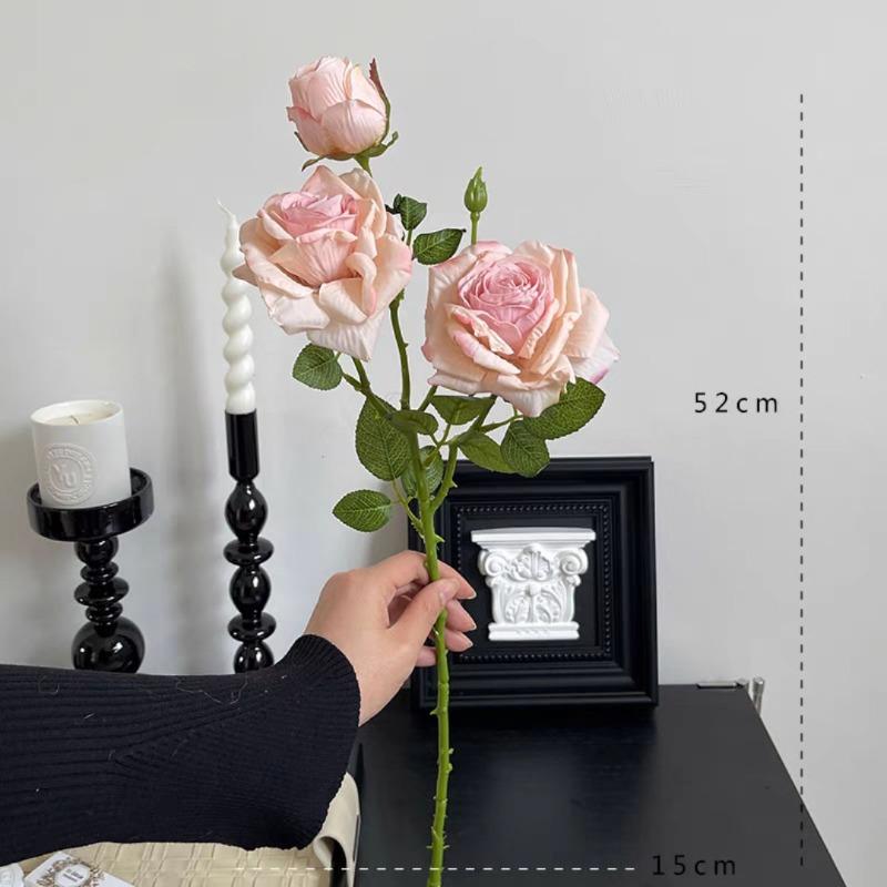 Artificial Flower 3-head Burnt Rose, Home Living Room Decoration Flower, Wedding Retro Autumn Color Multi-head Artificial Flower