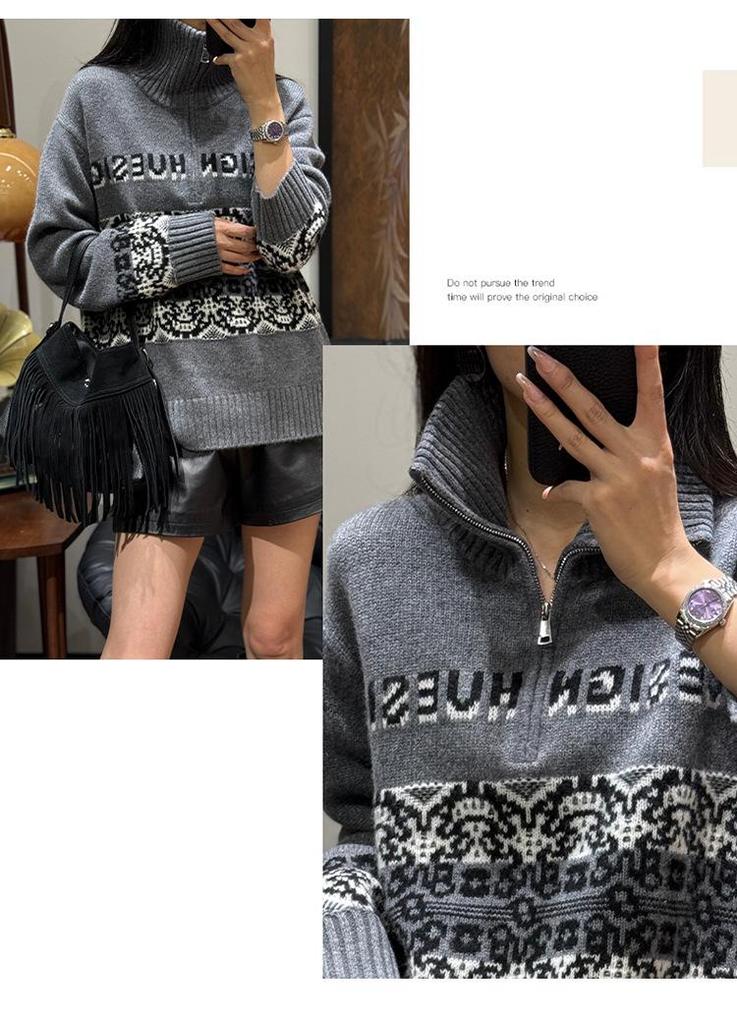 Women's High Neck Jacquard Wool Sweater - Autumn & Winter Collection