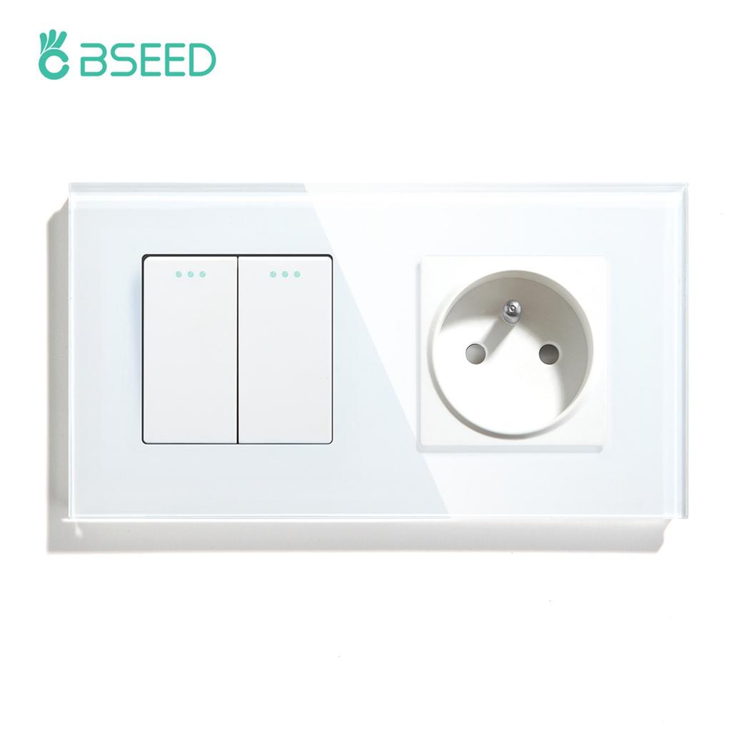 BSEED 1/2/3Gang Mechanical Wall Light Switch 1Way Plus French Socket USB Type-c Ports USB Power Sockets Glass Frame 16A