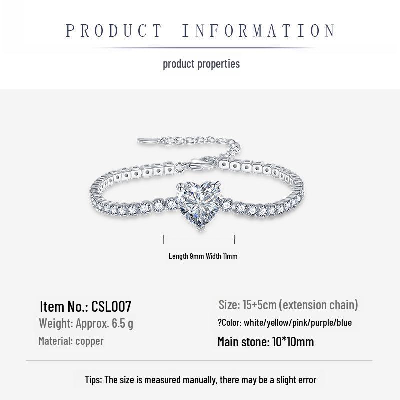 Bracelet de luxe rétro européen et américain en forme de cœur avec des pierres gemmes colorées simulées, pierre principale 10x10mm