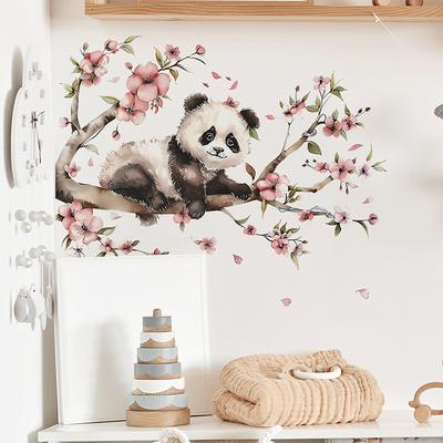 Kreslená Panda Větev Květina Samolepka na Zeď Obývací Pokoj Pozadí Dekorace Dětská Ložnice Domácí Dekorace Samolepící Nálepka