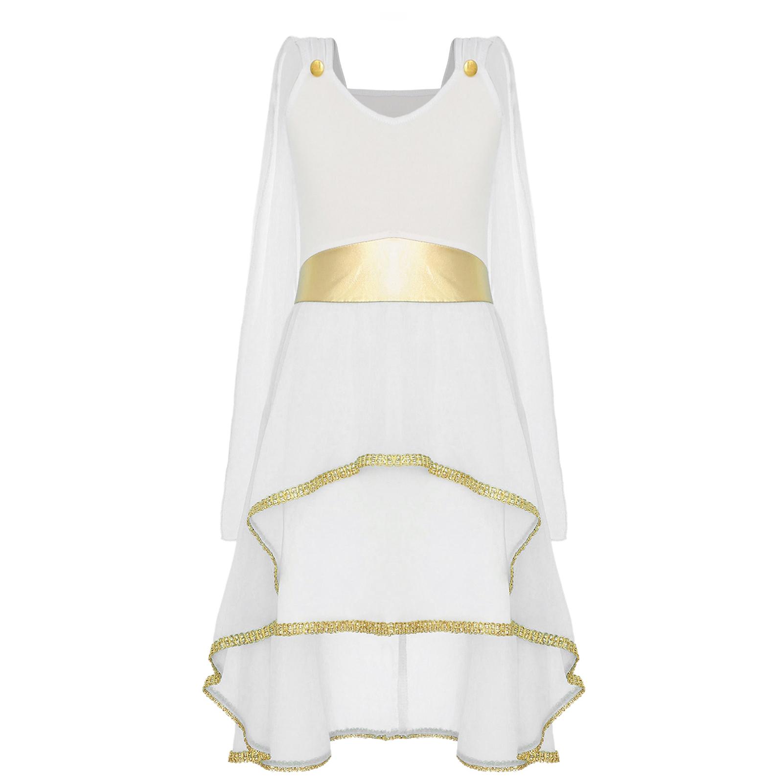 

Girls Ancient Greek Toga Costume Sleeveless Patchwork Asymmetrical Flowy Dress Halloween Roman 5-6 Years білий
