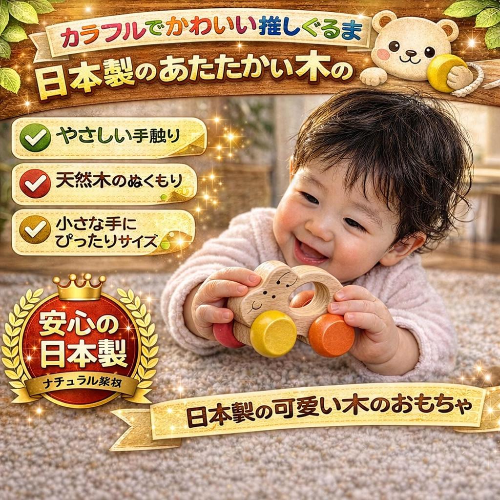 A Rabbit-shaped Car with a Smooth, Pleasant Texture (baby-friendly Wooden Toy). Award-winning Japanese Good Toy Toy. Teether, Pacifier, Rattle, Wooden
