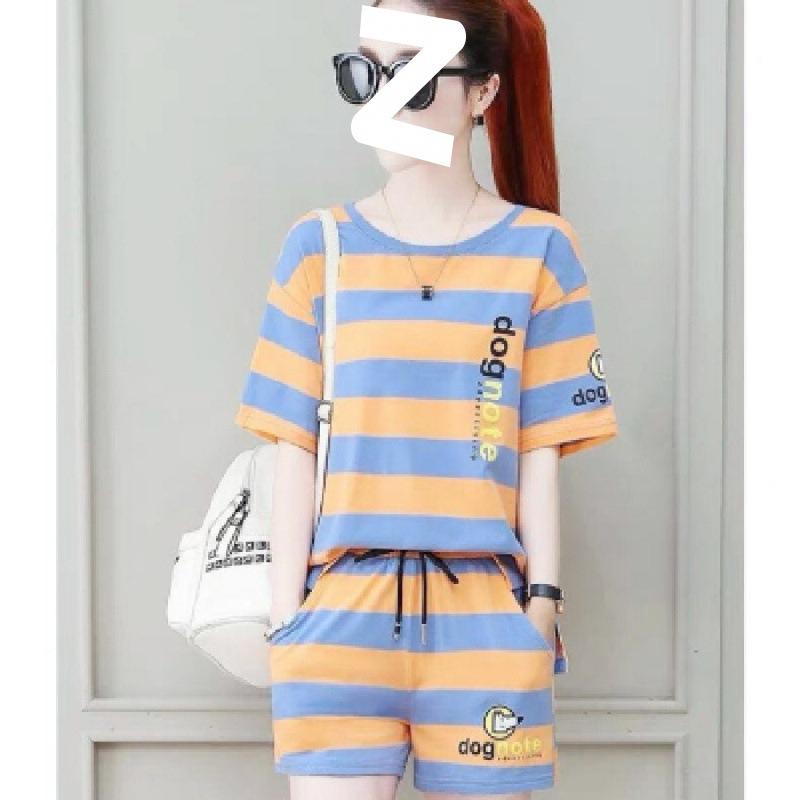 Summer Fashion Loose Short-sleeved Shorts Age-reducing Casual Two-piece Striped Shirt Sports Suit for Female Students