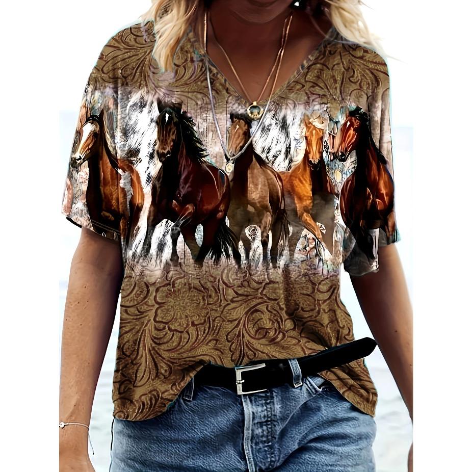 Trendy Liščí Tričko Prodyšné Nadměrné Dámské Tričko s V-výstřihem s Liščím a Květinovým Potiskem Každodenní Pohodlí, Umělecký Design