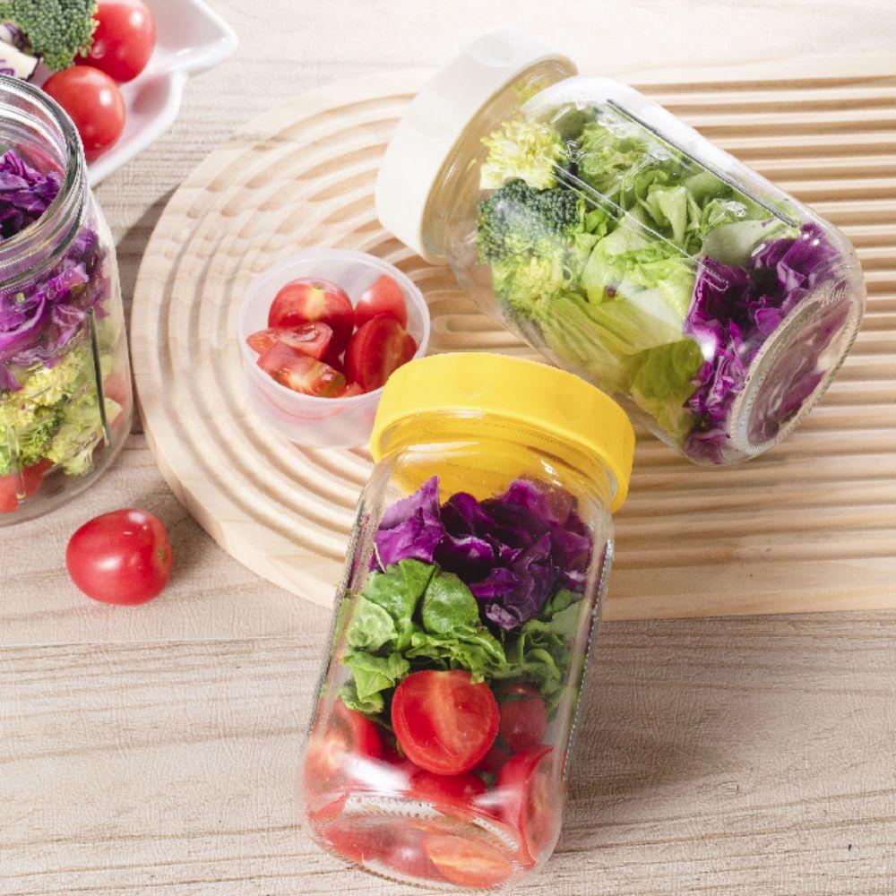 Pacote com 4 Potes de Vidro para Salada de 32 Oz com Recipiente para Molho Embutido e Marcações de Escala Potes Mason Jars Separação Úmido e Seco Copo à Prova de Vazamentos para Aveia