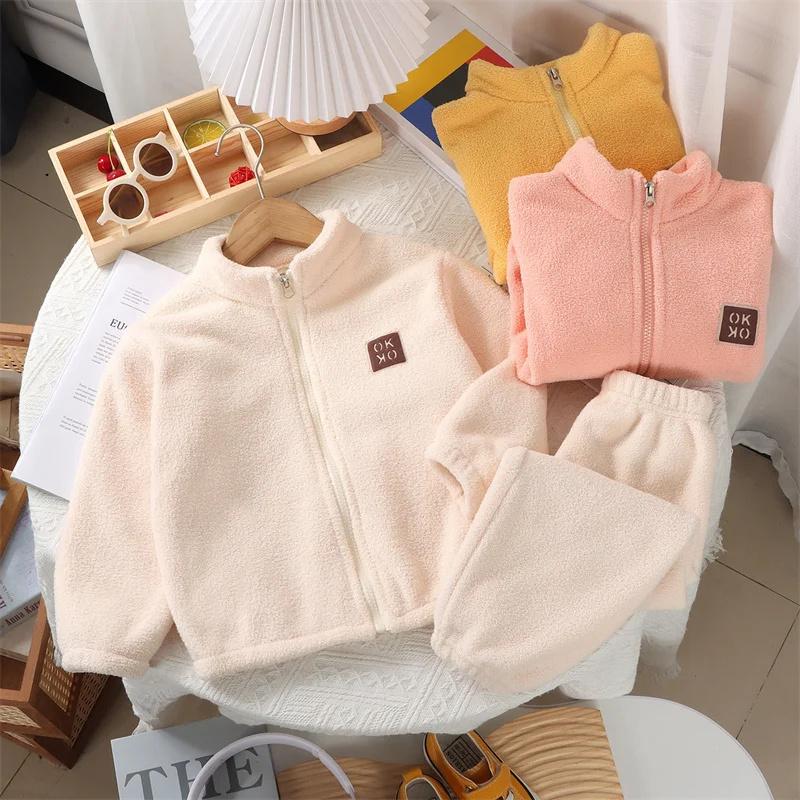 2pcs Kids Clothes Warm Fleece Thick Baby Clothes Girl Boy Loungewear Hooded Sweatshirt+Pants School Uniform Outfit
