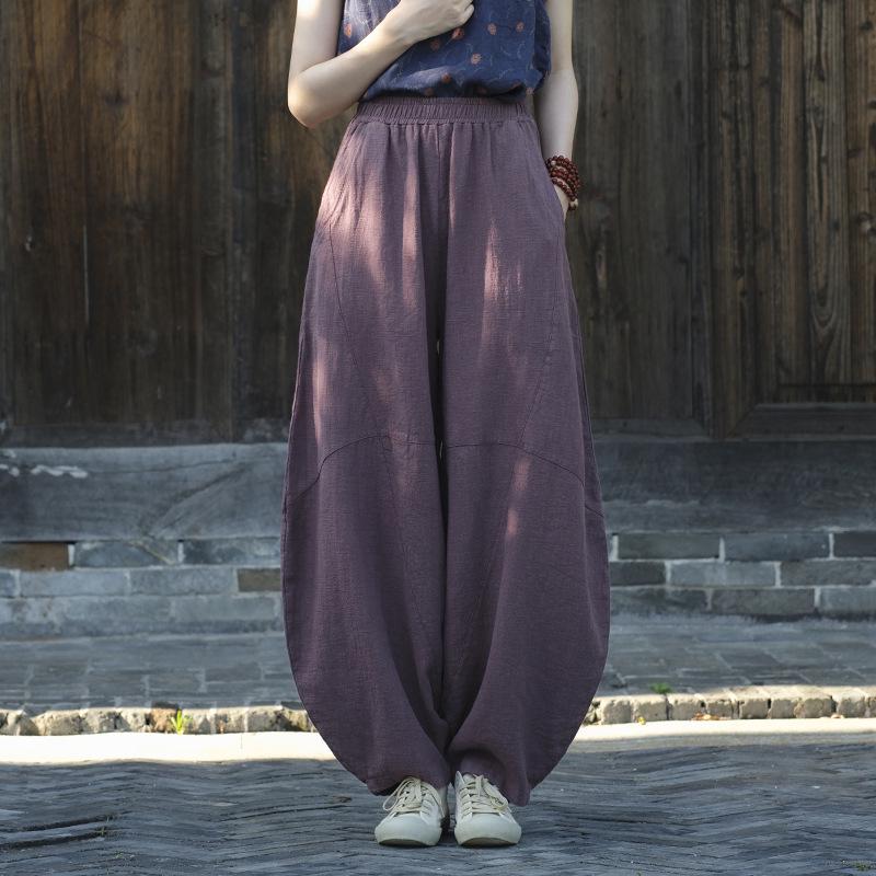 Women's Retro Ramie Sand-Washed Distressed Loose Lantern Pants for Meditation and Tai Chi