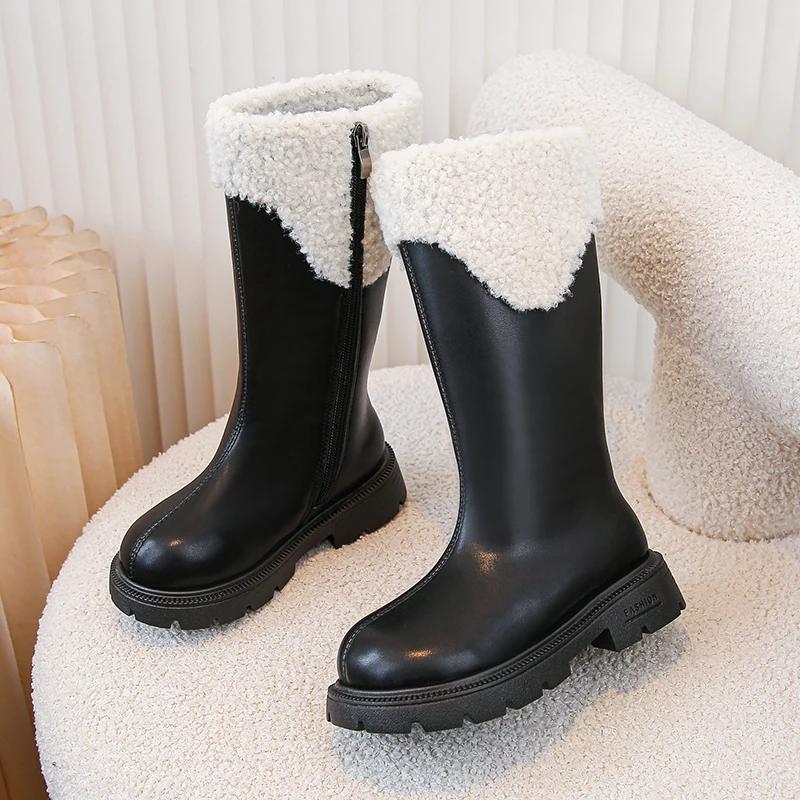 2024 Children High Boots for Girls Winter New Fashion British Style Soft Bottom Anti-slippery Versatile Leather Shoes with Fur