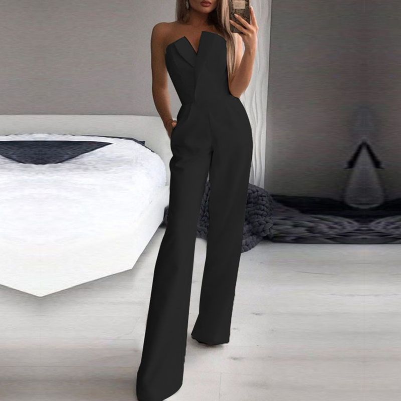 European and American Fashion Temperament Slim fit Slimming Sleeveless Jumpsuit Solid V-neck Wrap-around Sexy Jumpsuit Dress Women