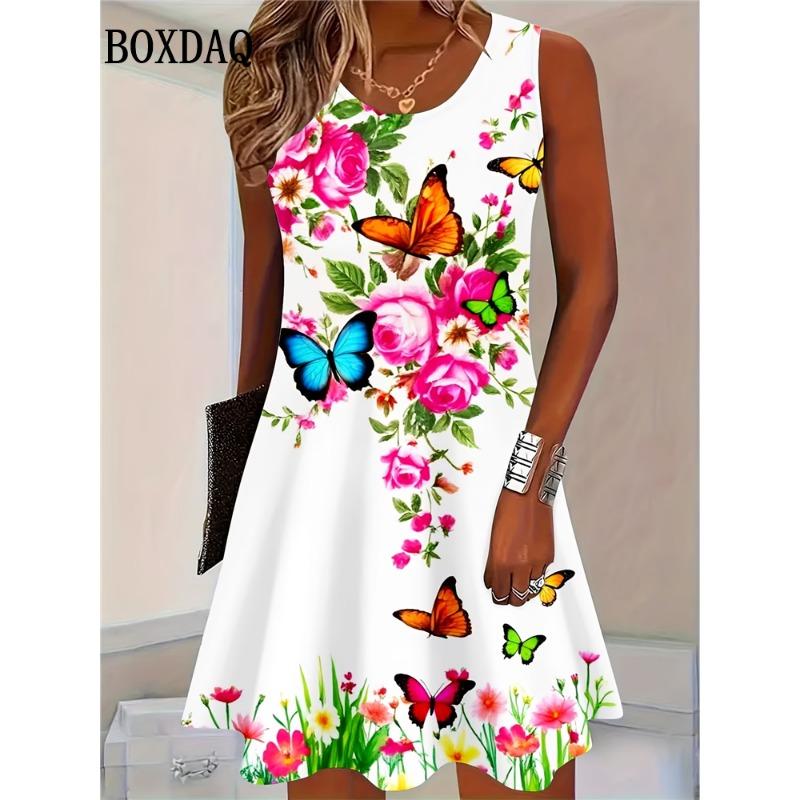 Fashion Elegant Women Dresses Summer Sleeveless 3D Butterfly Cat Printed O-Neck Dress Casual Loose Ladies Dress Plus Size
