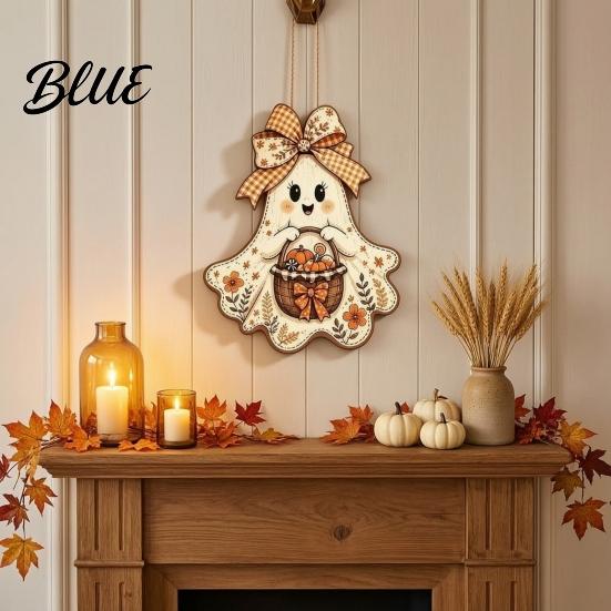 Autumn Porch Hanging Ornament Cute Bow Ghost Sign Rustic Retro Floral Door Sign with Pumpkin Outdoor Fall Entryway Basket Vintage Halloween