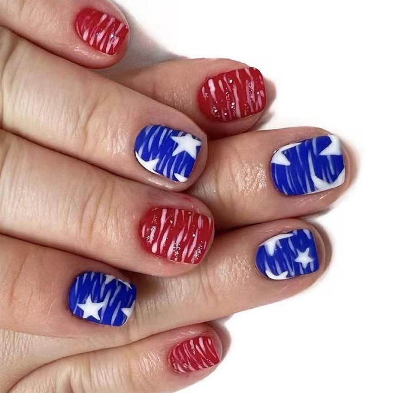 

24 Pcs Short Square Full Cover False Nail Matte Stick on Nail Flag Day Press On Nail Manicures Supplies for Woman