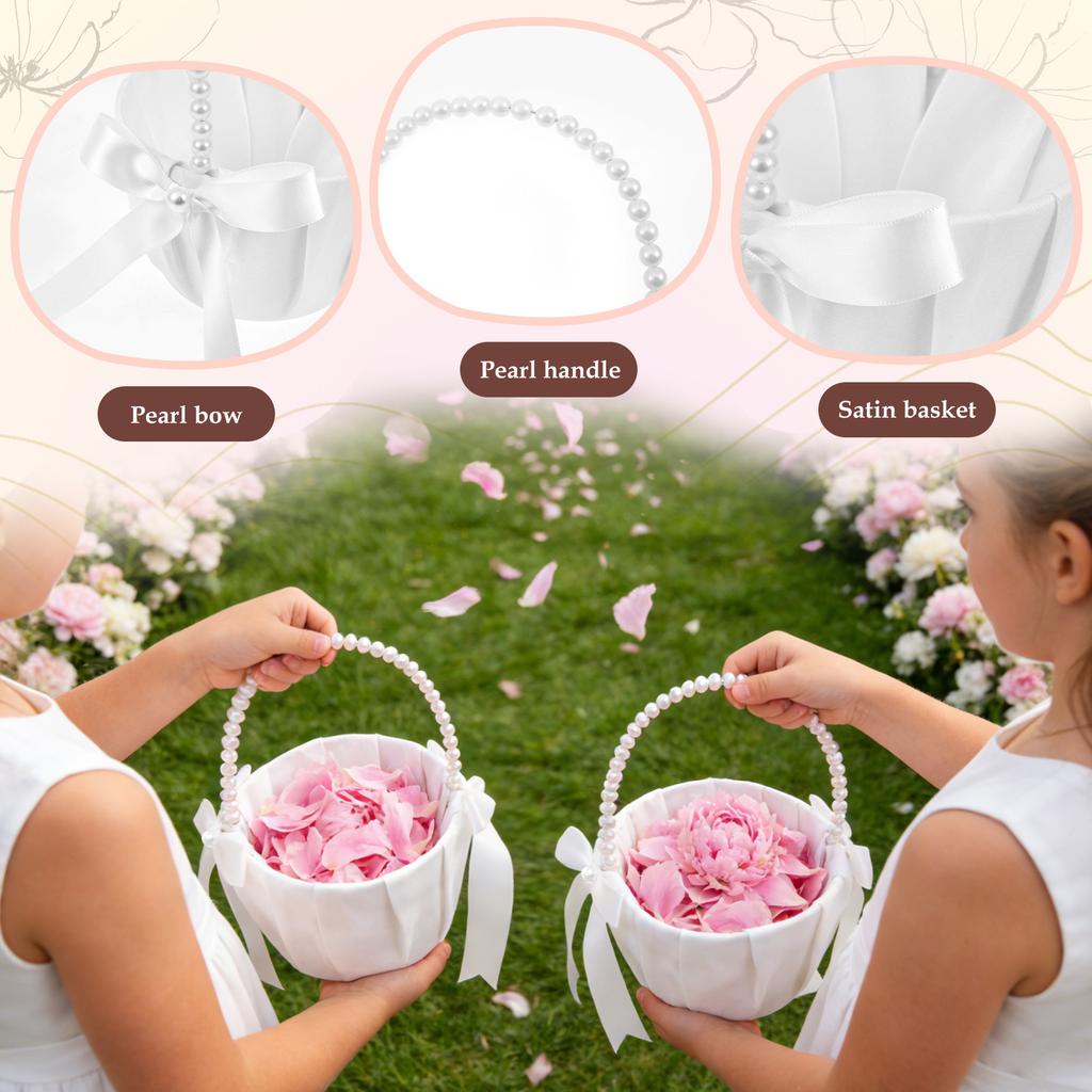2Pcs Wedding Flower Girl Basket Bowknot Satin Western Rustic with Faux Pearl Handle For Bride/Kids Wedding Ceremony Decorations