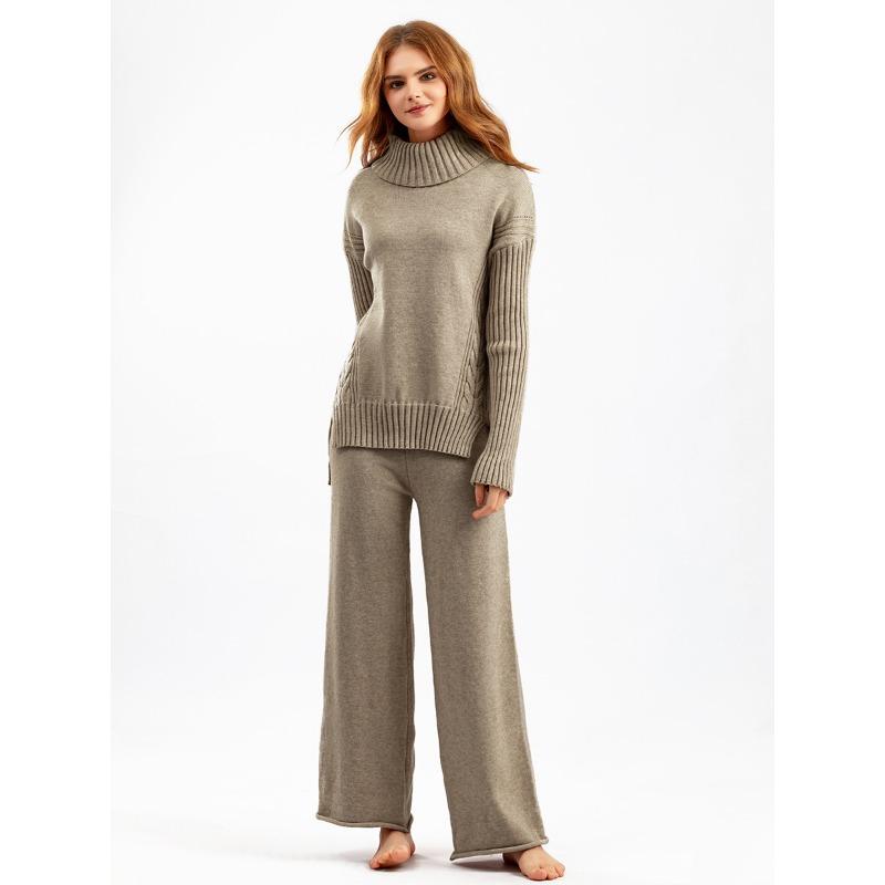 Autumn and Winter New Sweater 2piece Set for Women Lazy Style Loose High-neck Suit for Women Fashionable Casual Wide-leg Pants