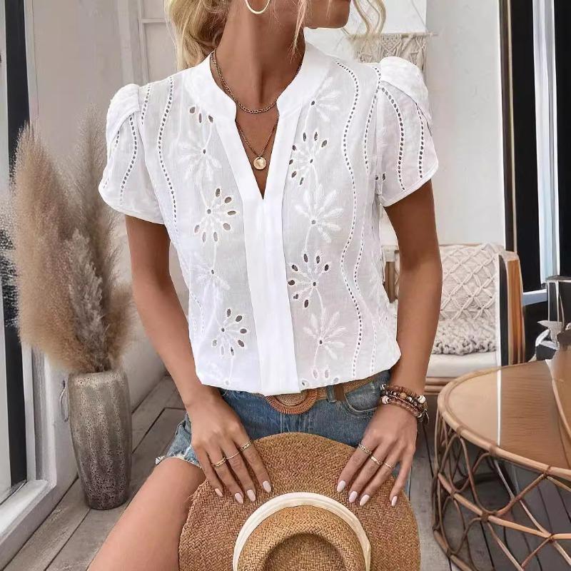 Hollow Out Lace White Blouse Women Fashion Elegant V Neck Loose Sweet Shirts Ladies Casual Office Petal Short Sleeve Tops Simple Female Clothing