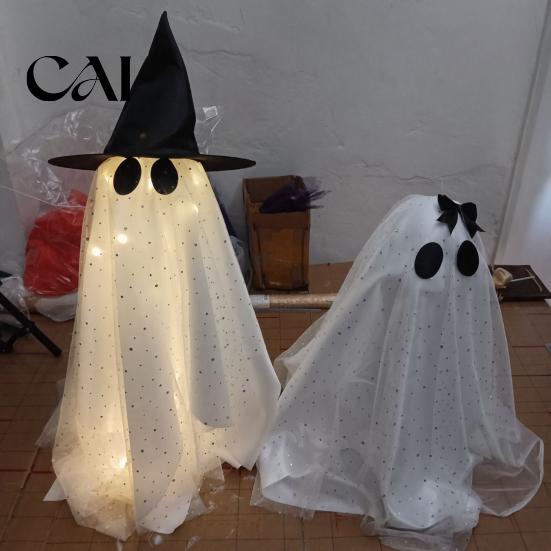 Halloween Party Table Centerpieces Ghost Decor, Spooky Sequin Mesh Fabric with Witch Hat/Bow, Soft Atmosphere Ornaments Small Standing Tabletop