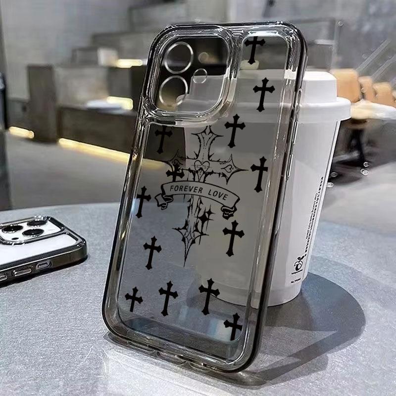 Black Cross Print Soft Silicone Phone Case for iPhone 16 Pro Max 15 14 13 12 11 XS X XR 7 8 Plus Clear Shockproof Bumper Cover