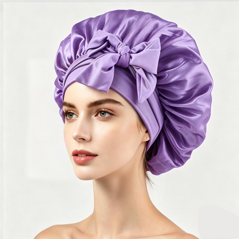 Silky Satin Sleep Cap with Tie-Up Ribbon for Women - Hair Care Hat