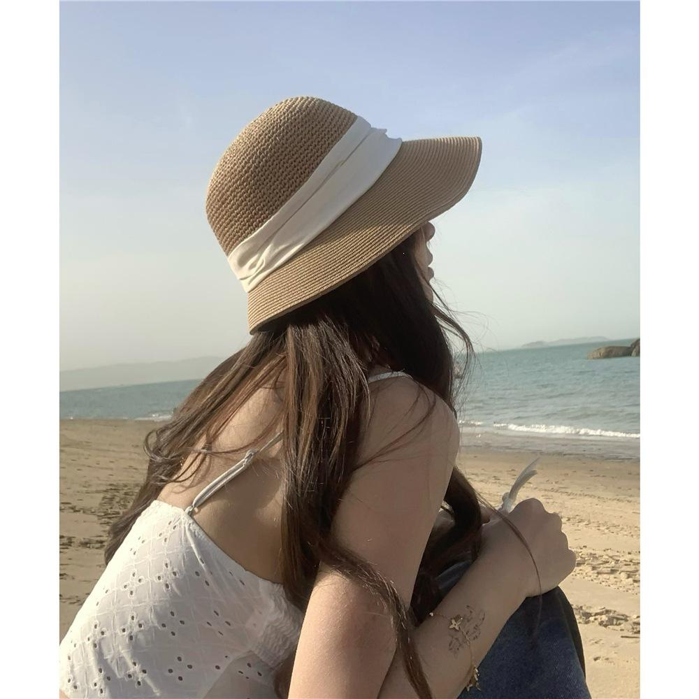 Vintage eaves straw bucket hat women's summer vacation wind seaside beach visor pleated sunscreen straw hat