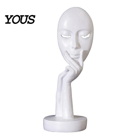 Polished Resin Figurine Abstract Contemplative Face Sculpture, Minimalist Hand-on-Chin Bust Statue for Desk Living Literary Style