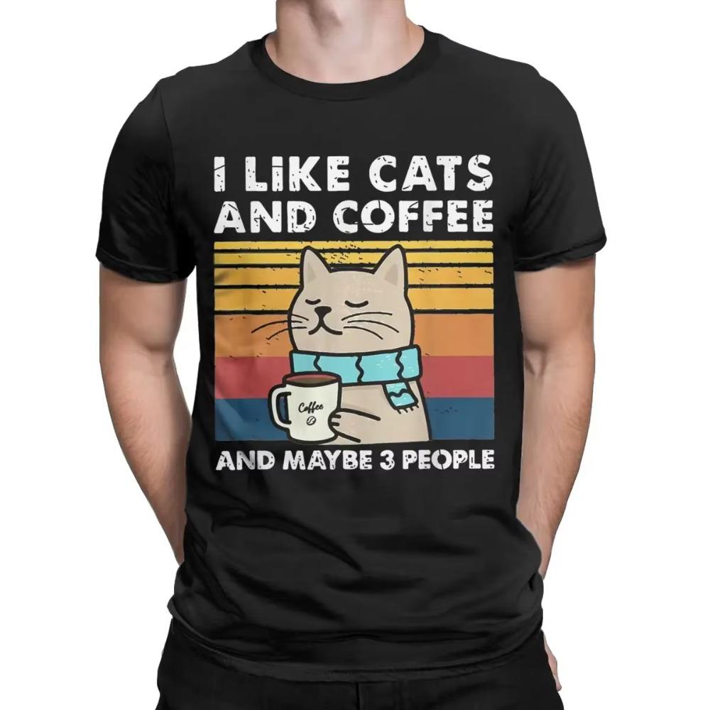 I Like Cats And Coffee T Shirt Men 100% Cotton Casual T-Shirts Round Neck Tees Short Sleeve Clothes New Arrival