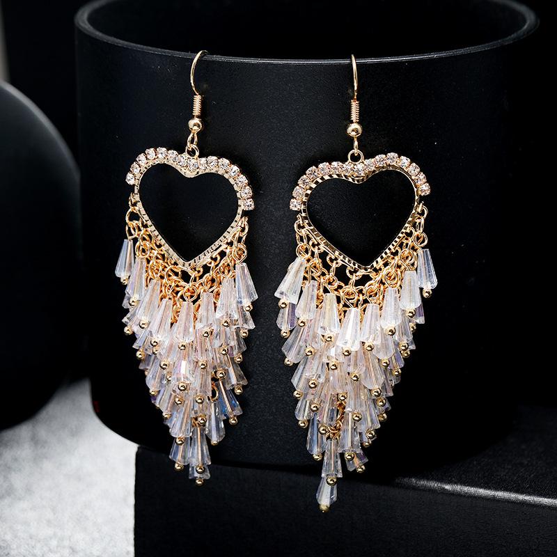 

Premium temperament crystal fringed earrings heart-shaped exaggerated versatile long earrings trendy earrings women білий