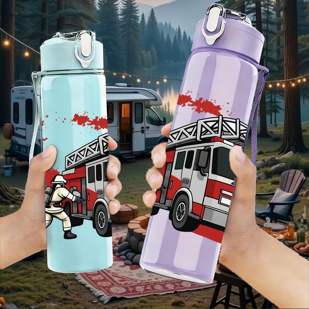 1PC Fire Rescue Truck Art 750ml Color Plastic Sports Water Bottle Leakproof Flip Straw Lid Suitable for Sports Office Home Use