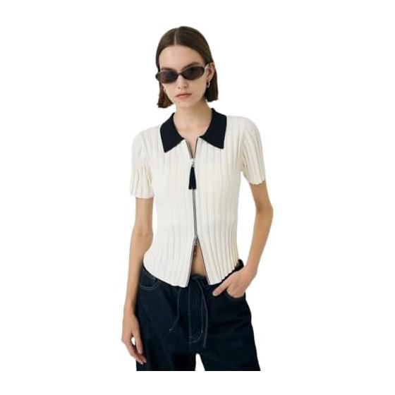 [Mousy] ZIP UP RIB KNIT H/S Shirt 010IA370-5971 Women s