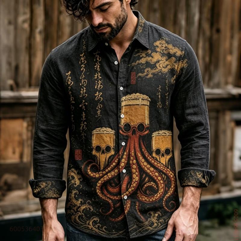 Men's Long Sleeved Shirt with Floral Totem Full Print Top, Versatile for Daily Use, Fashionable and Comfortable Casual Shirt