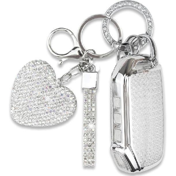 Key Fob Cover with Heart Keychain, Car Key Shell Compatible with Kia - Soul - Forte - Telluride K5 - Seltos NIRO Sportage Sorento Protector (Silver)
