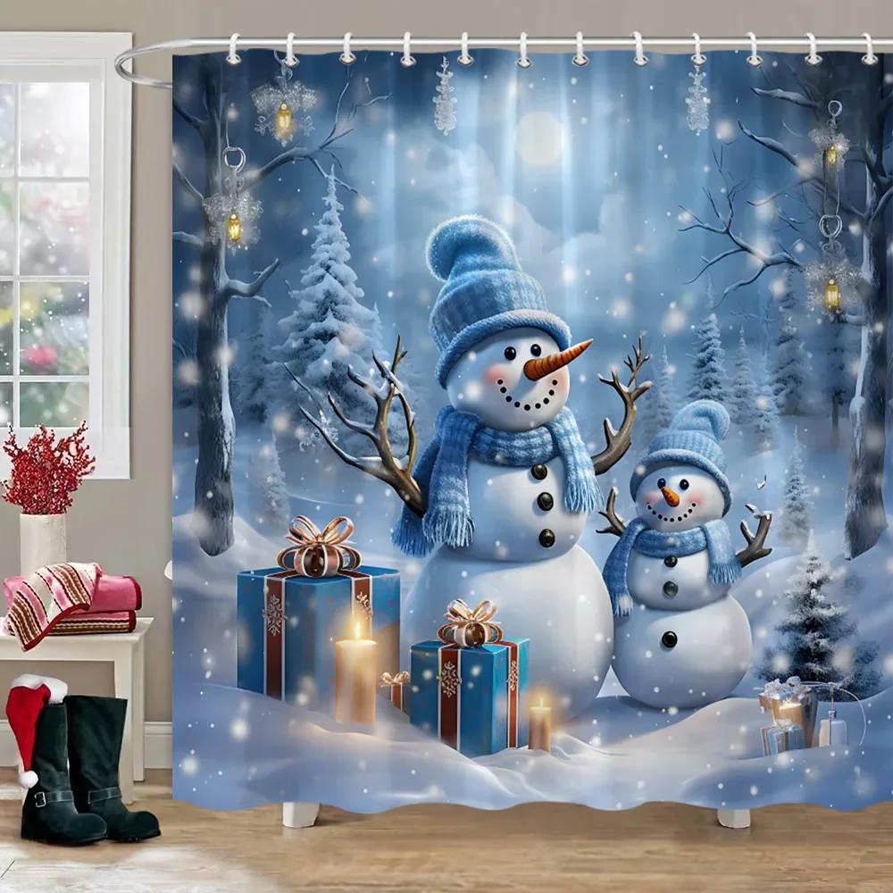 Christmas Snowman Shower Curtain Merry Santa Elf Deer Red Truck Polyester Fabric Printed Bath Curtains Bathroom Decor With Hoo