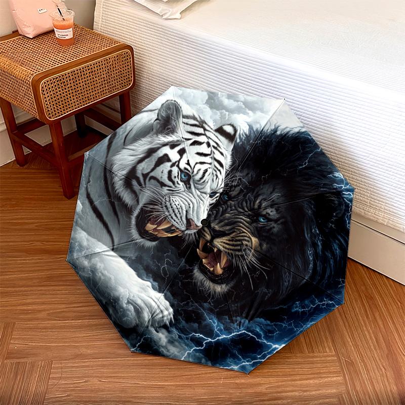 1 PC Automatic Folding Umbrella - Yin Yang Tiger Lion Pattern, Portable & Foldable Design with 8 Ribs, Christmas Birthday Gifts