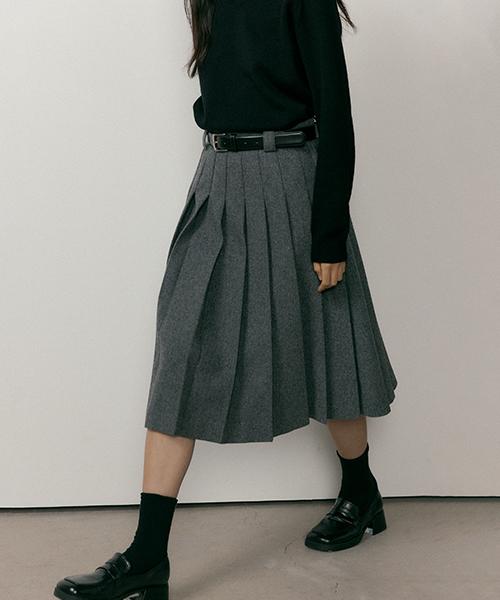 Lingseoul Wool Pleated Midi Skirt-Charcoal