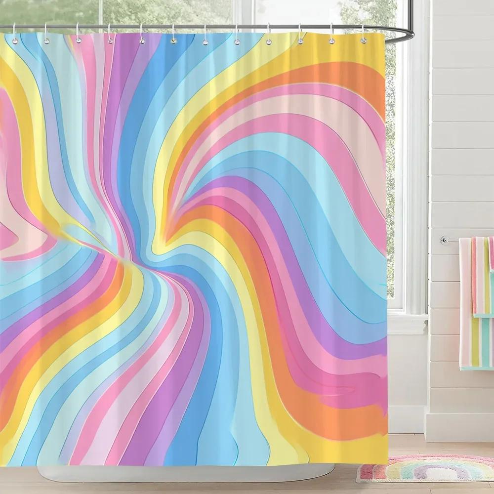 Rainbow Castle Pink Bow Shower Curtain Love Hearts Stars Stripes Colourful Clouds Polyester Fabric Shower Curtain Bathroom Decor