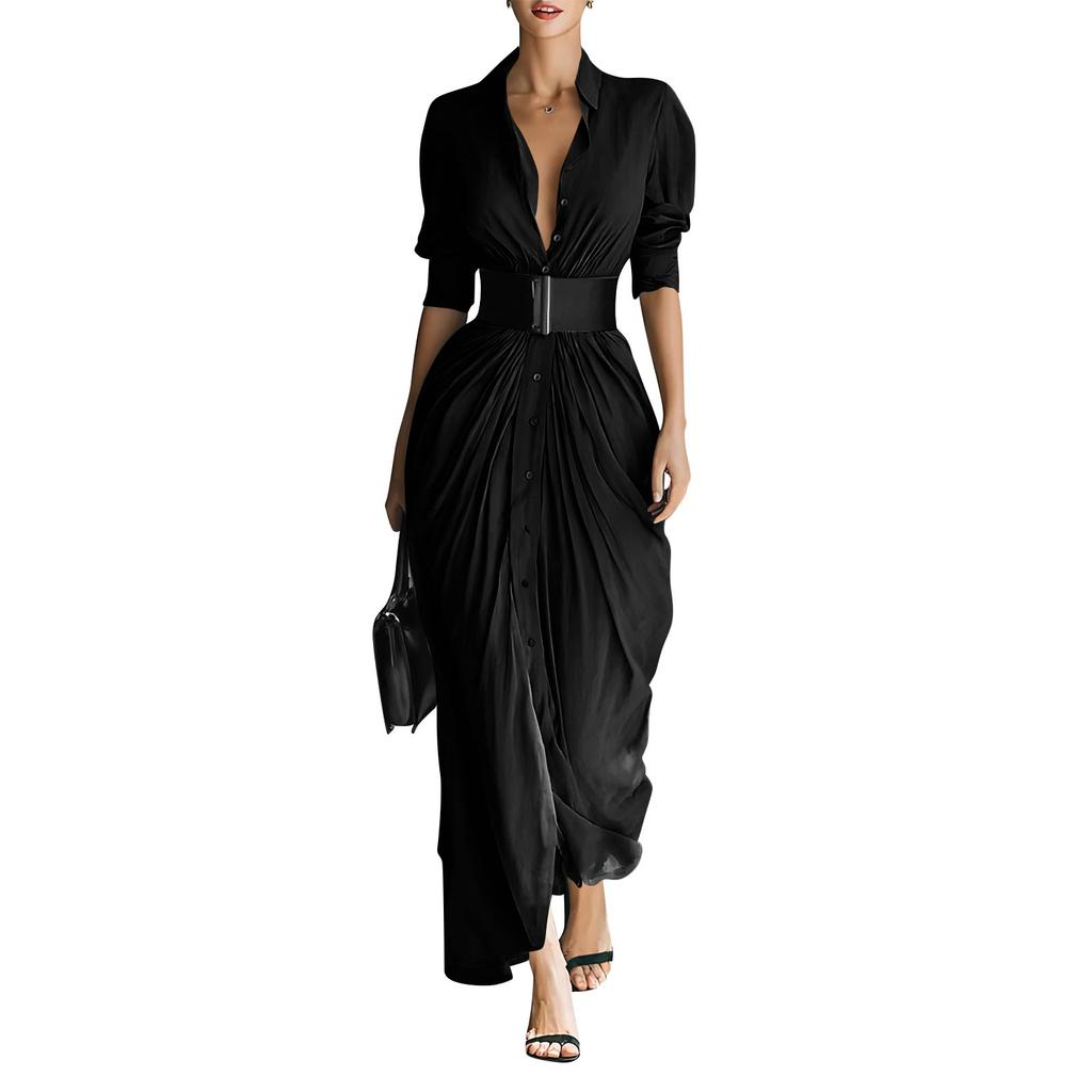 Damen Farbe Modisch Kragen Knopfleiste Hemdkleid Mit Gürtel