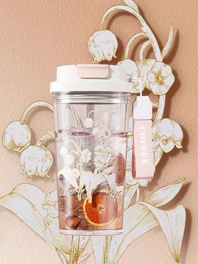 

Пластиковый стакан для воды с цветочным принтом, повседневный спортивный стакан с трубочкой, студенческий стакан большого объема с градуировкой 501-600ml розовый