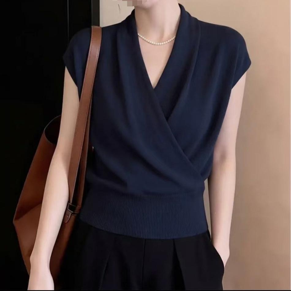 Women's Slimming Dark Blue Lyocell Tencel Knit Top with Cross-Collar & Cinched Waist
