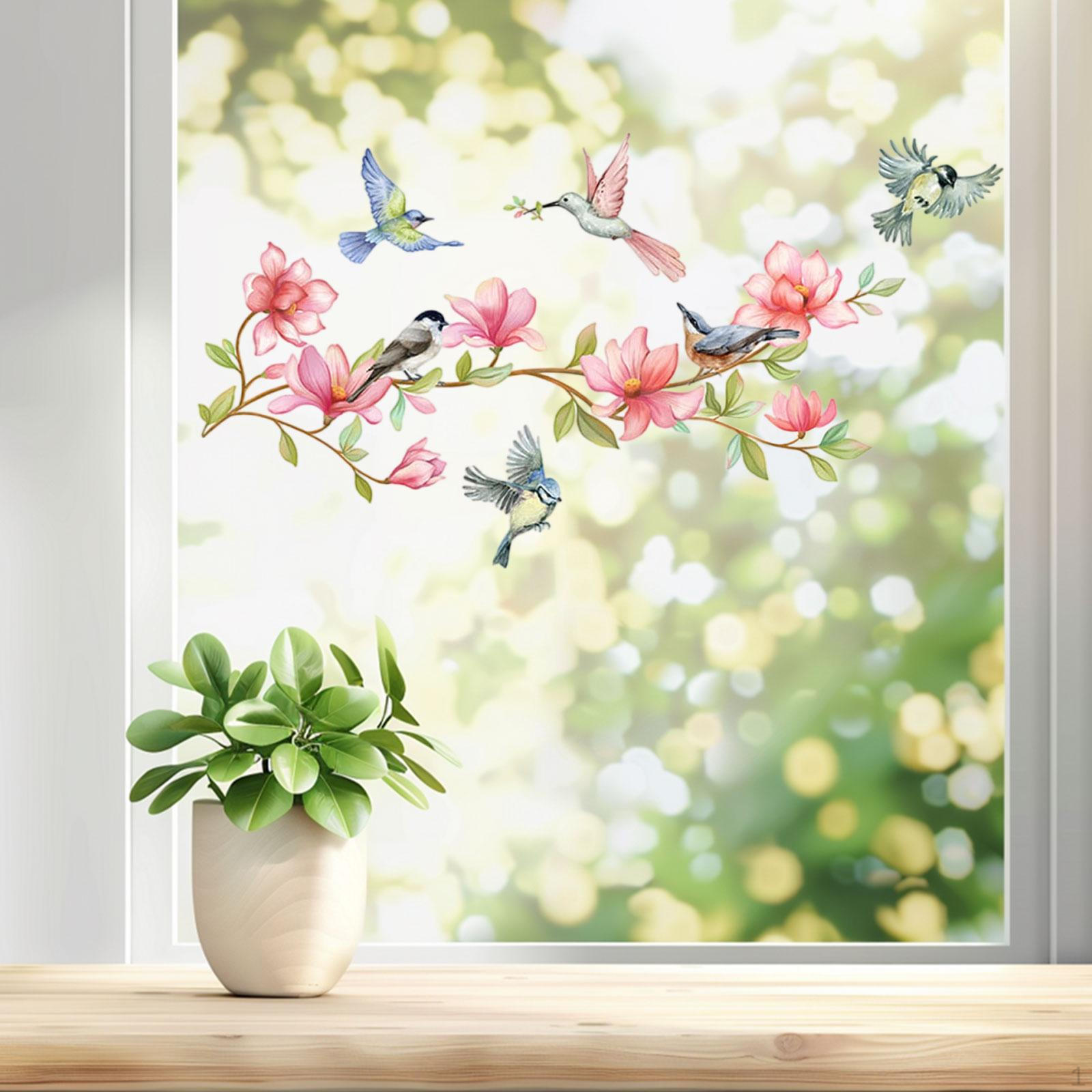 

Наклейка на окно с изображением цветов и птиц, декоративная настенная картина, водонепроницаемая, красочная, съемная, стильная.