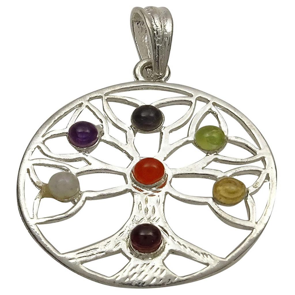 Harmonize Silver Tone Tree Of Life 7 Chakra Pendant Reiki Healing Stone Spiritual