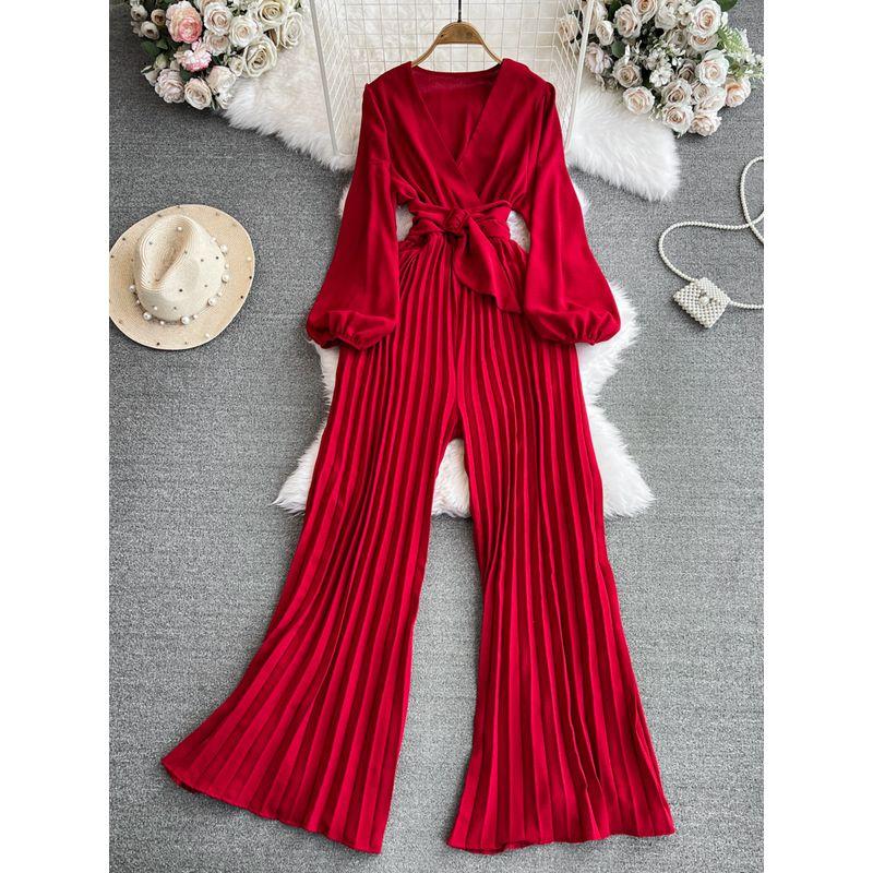 

Socialite Temperament Long Sleeve V-neck Casual High Waist Jumpsuit Red One size