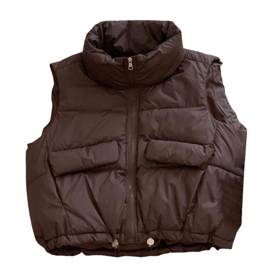 Women Vest Coat Stand Collar Sleeveless Zipper Placket Cotton Waistcoat with Pockets Drawstring Hem Loose Fit Solid Color Puffer Vest